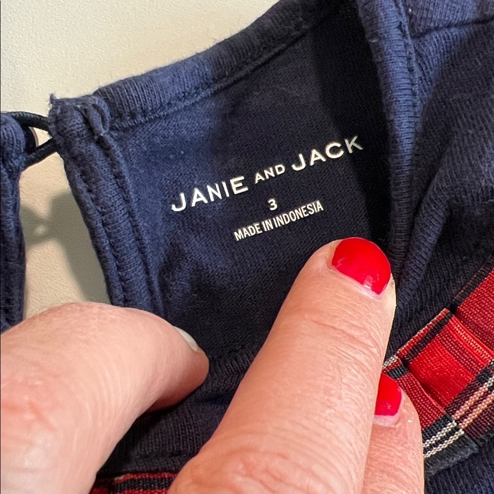 Janie and Jack - 3T, Navy Long Sleeve with Red Plaid Trim - Picture 4 of 5